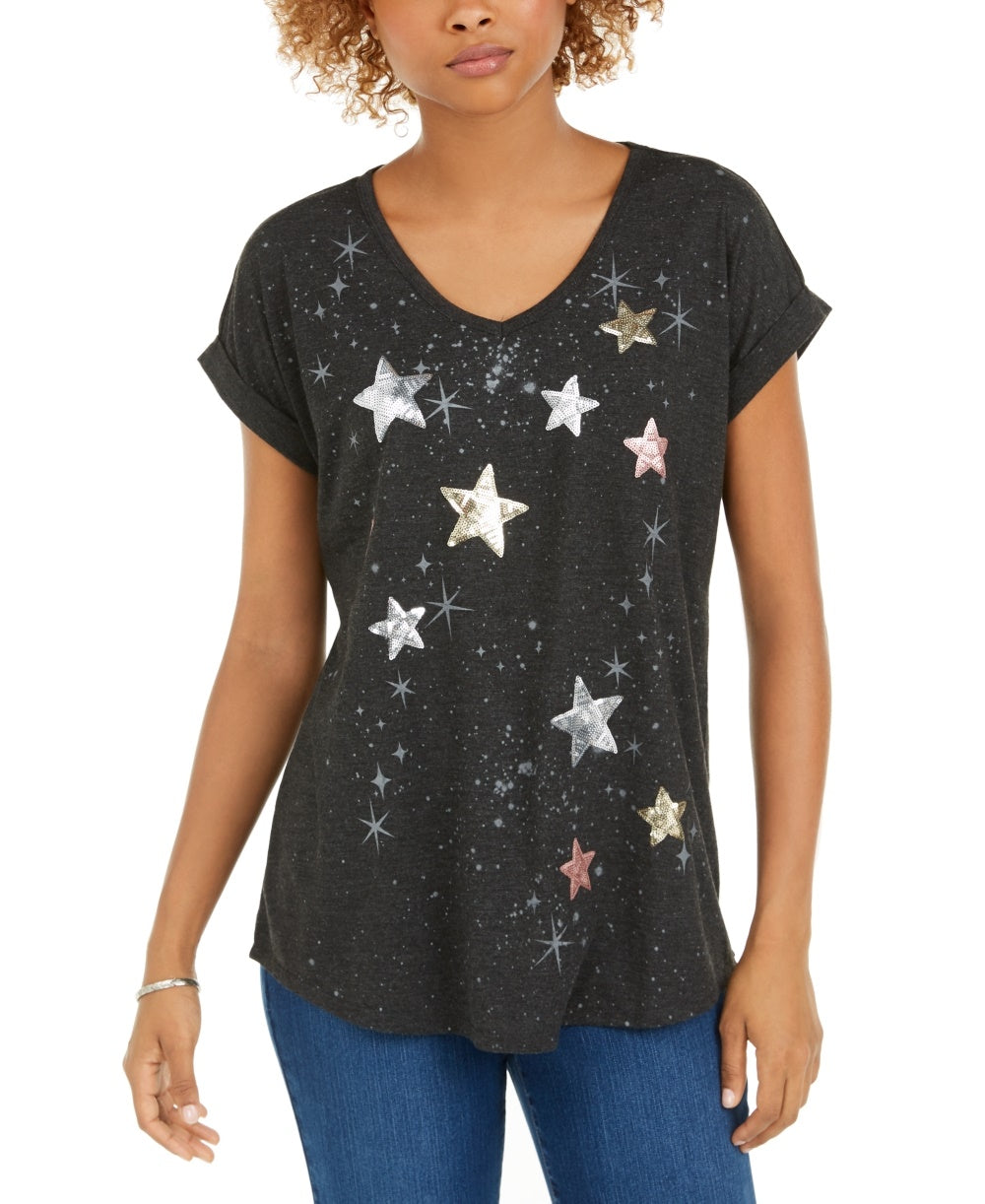 Style & Co Women's Sequined Star Graphic Top Black Size Pettite Small