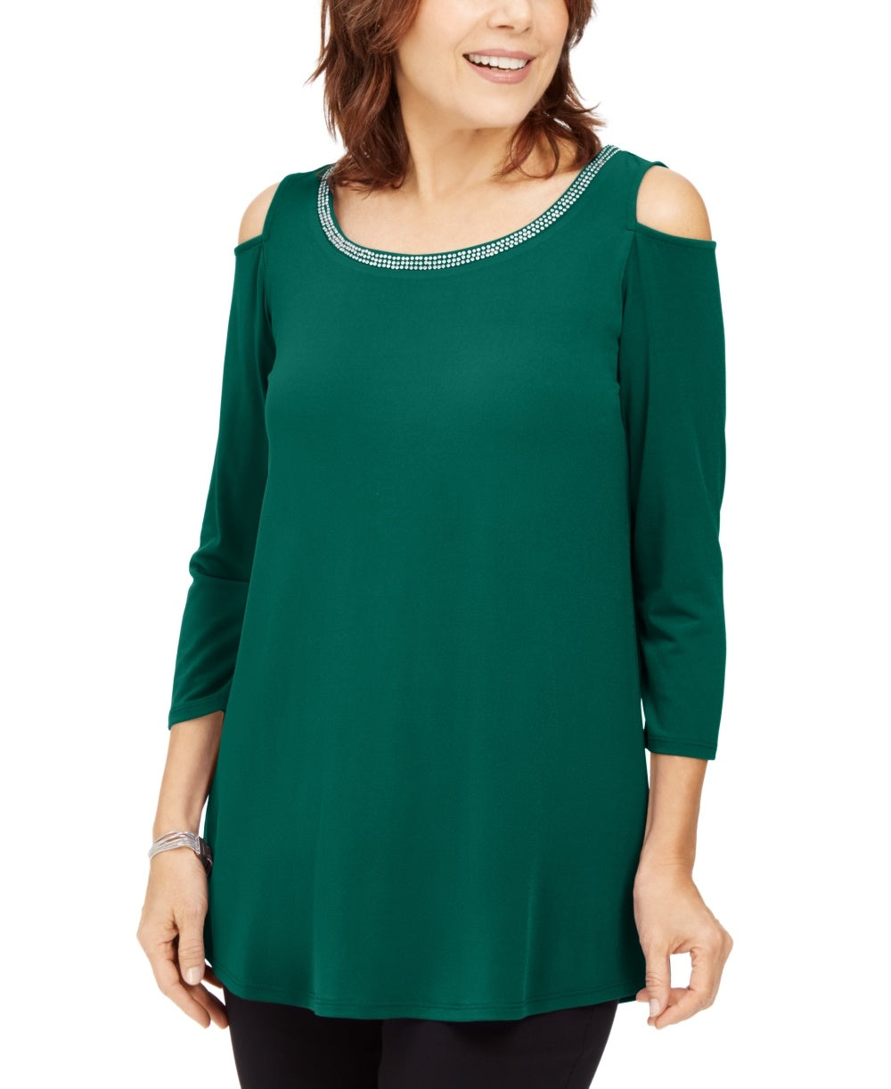 JM Collection Women's Embellished Cold Shoulder Top Green Size Medium