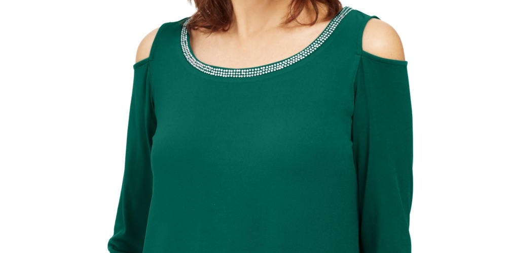 JM Collection Women's Embellished Cold Shoulder Top Green Size Medium