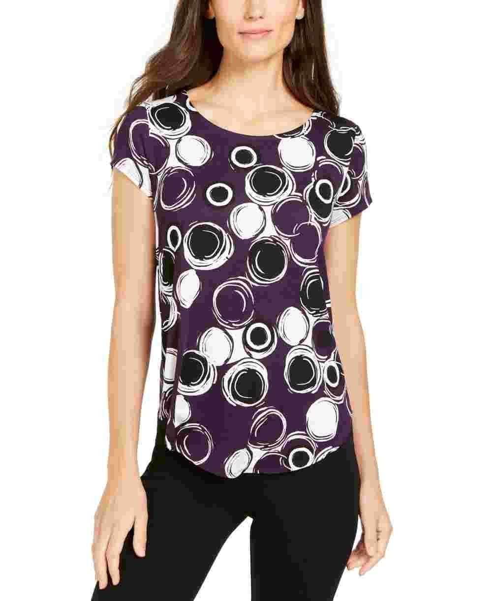 Alfani Women's Printed Round Hem T Shirt Purple Size Petite Small