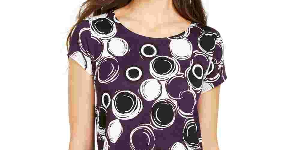 Alfani Women's Printed Round Hem T Shirt Purple Size Petite Small