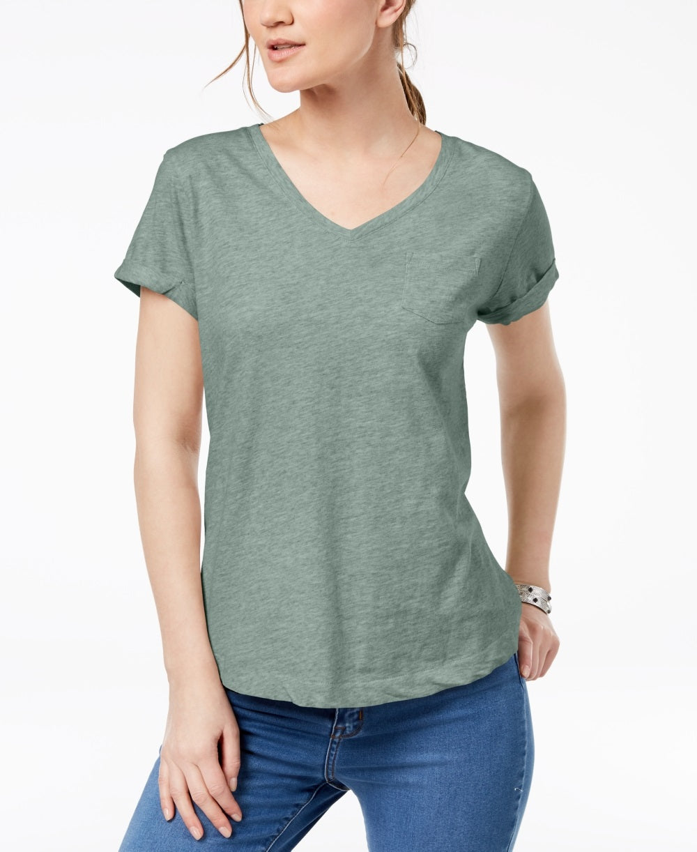 Style & Co Women's V Neck Pocket T-Shirt Green Size PS