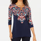 JM Collection Women's Fairytale Printed Tunic Navy Size Petite Small