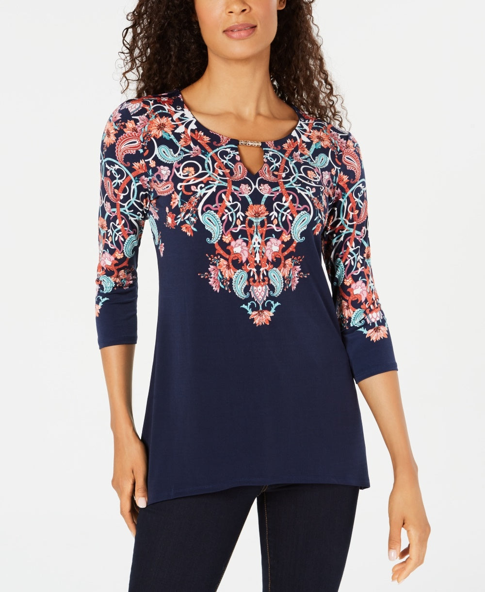 JM Collection Women's Fairytale Printed Tunic Navy Size Petite Small