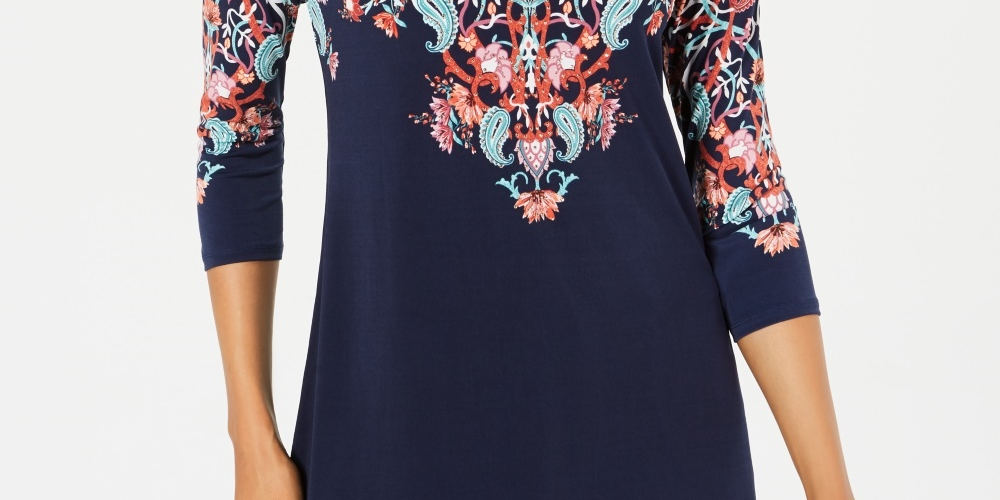 JM Collection Women's Fairytale Printed Tunic Navy Size Petite Small