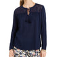 Charter Club Women's Tassel-Tie Eyelet Linen Top Blue Size Medium
