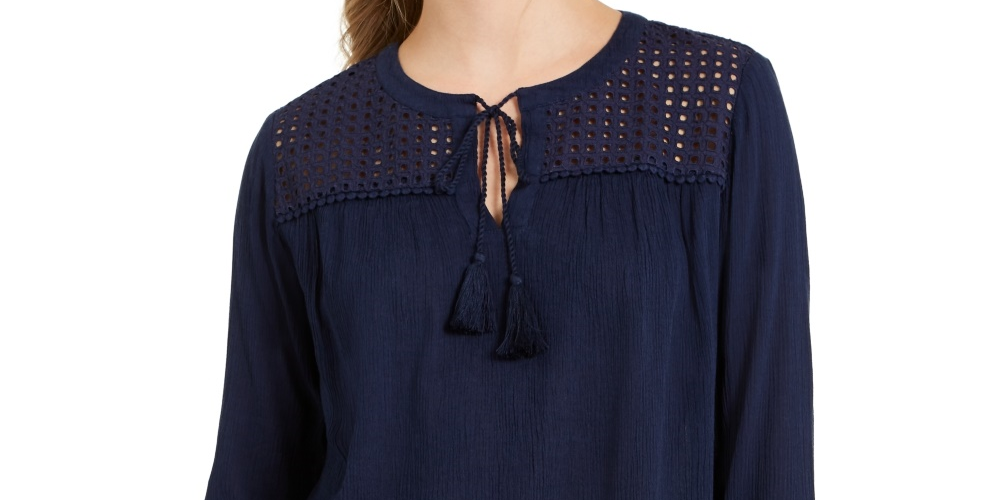 Charter Club Women's Tassel-Tie Eyelet Linen Top Blue Size Medium