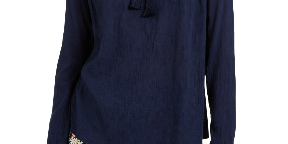 Charter Club Women's Tassel-Tie Eyelet Linen Top Blue Size Medium