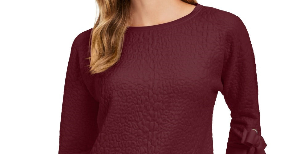 Charter Club Women's Jacquard Bow Cuff Top Wine Size PL