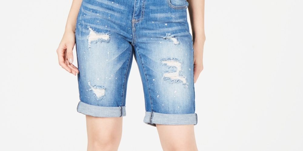 INC International Concepts Women's Curvy-Fit Ripped Bermuda Shorts Blue Size 6