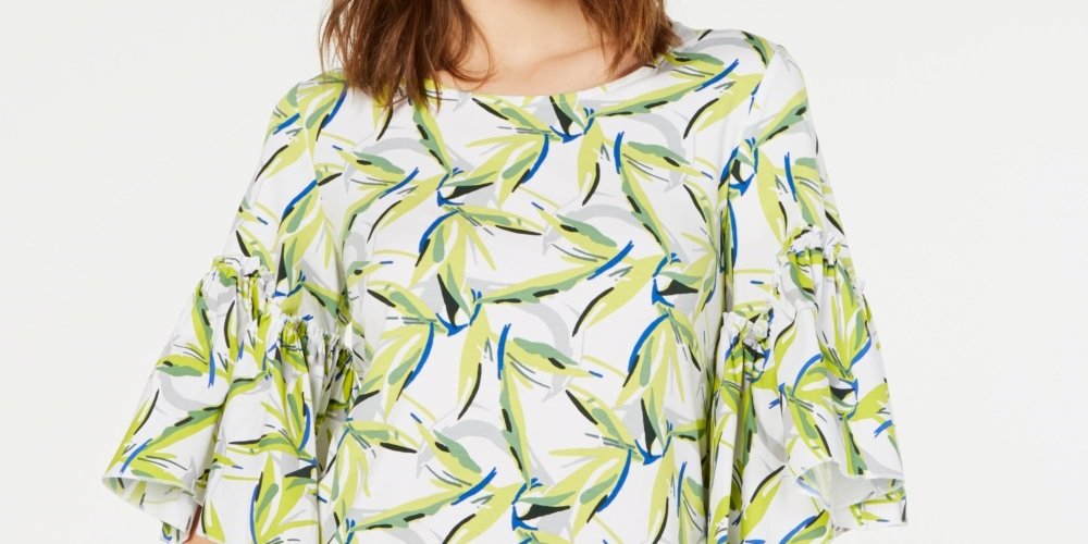 Alfani Women's Bell Sleeve Printed Top White Size PM