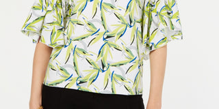 Alfani Women's Bell Sleeve Printed Top White Size PM