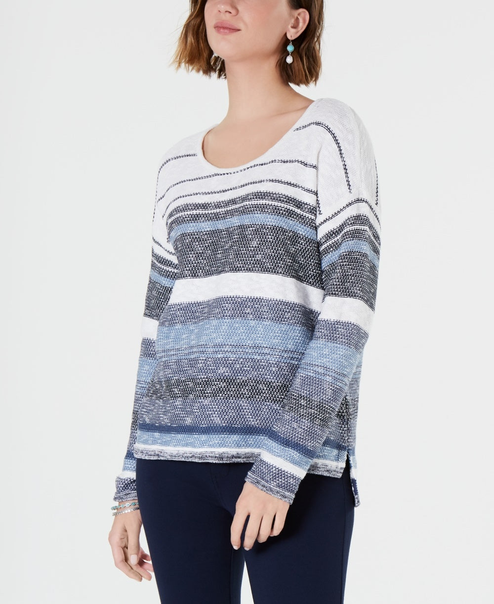 Style & Co Women's Petite Striped Drop-Shoulder Sweater Blue Size PL