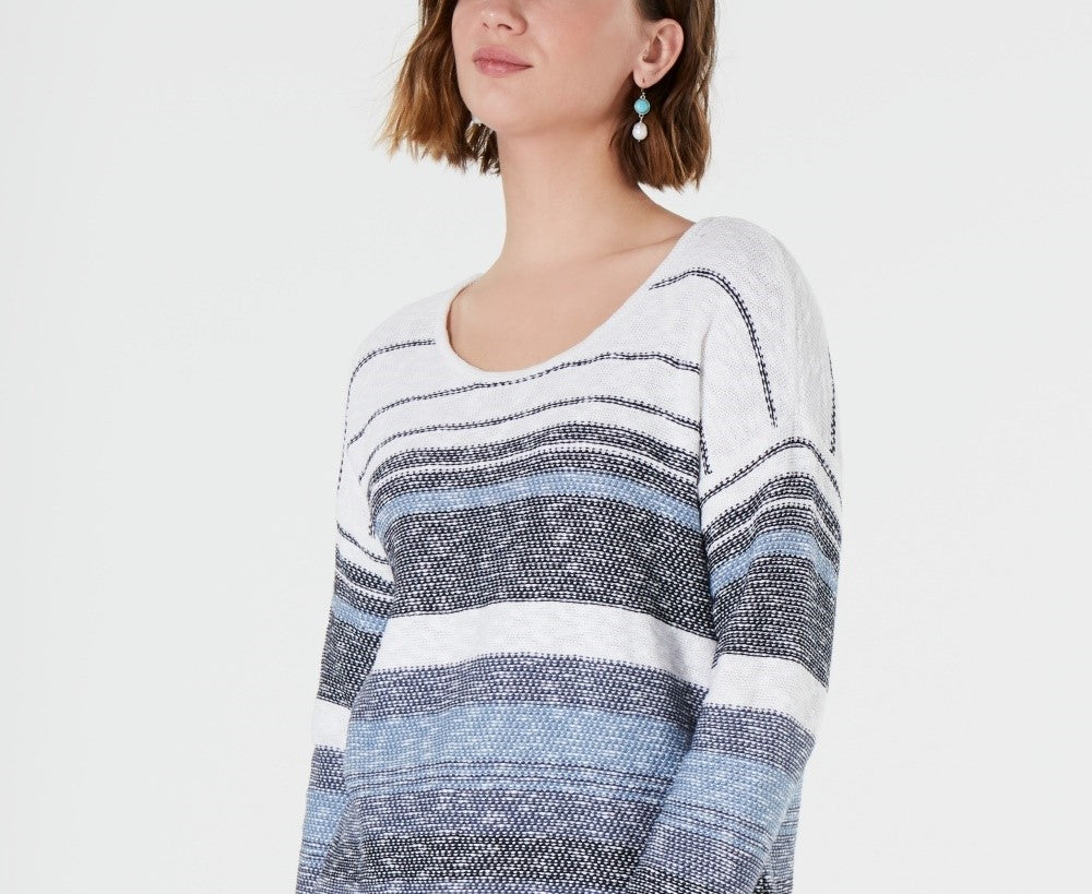 Style & Co Women's Petite Striped Drop-Shoulder Sweater Blue Size PL