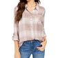 Style & Co Women's Sequined Plaid Shirt Beige Size PM