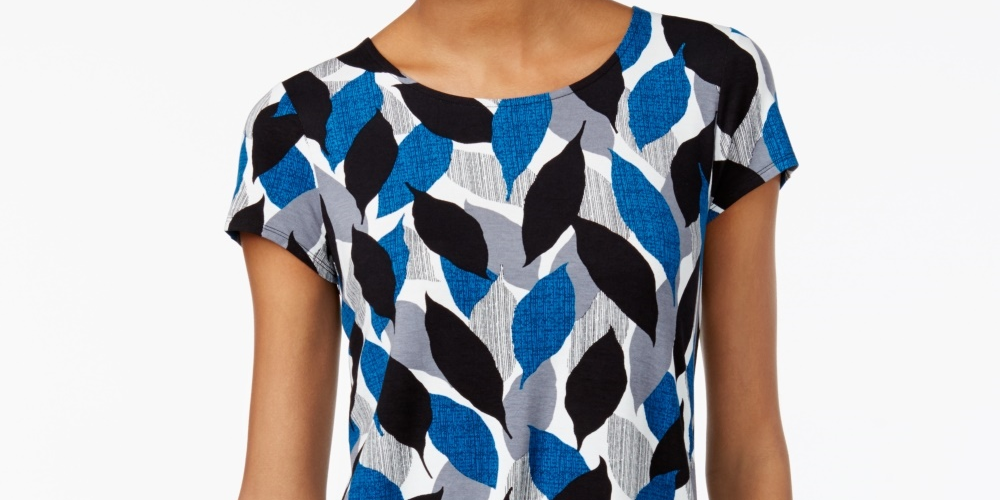 Alfani Women's Printed Round Hem T Shirt Blue Size -PS