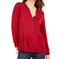 NY Collection Women's Petite Lace-Yoke Knit Top Red Size Medium