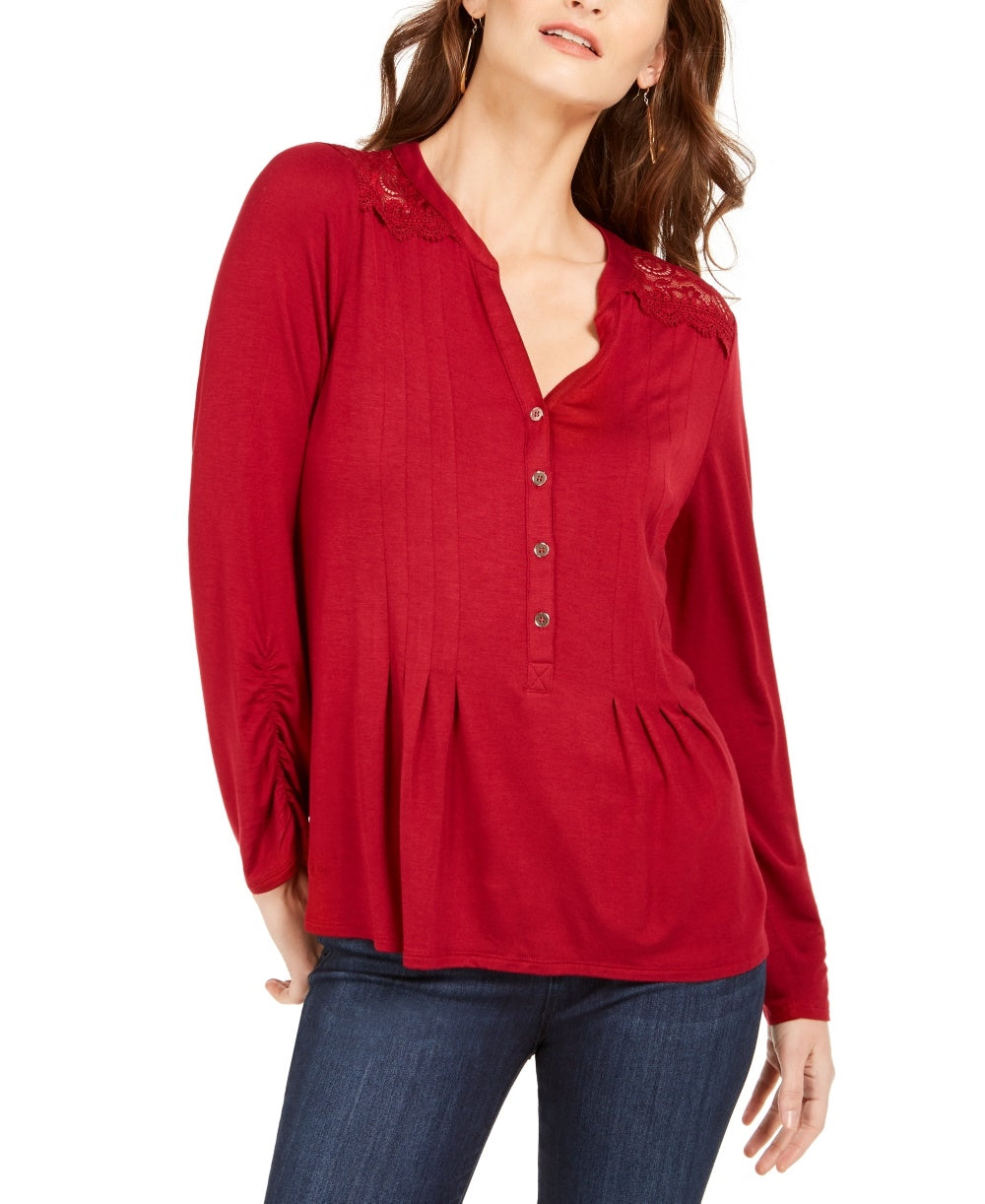 NY Collection Women's Petite Lace-Yoke Knit Top Red Size Medium