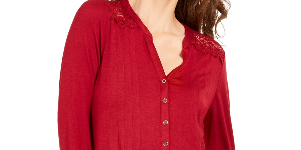 NY Collection Women's Petite Lace-Yoke Knit Top Red Size Medium