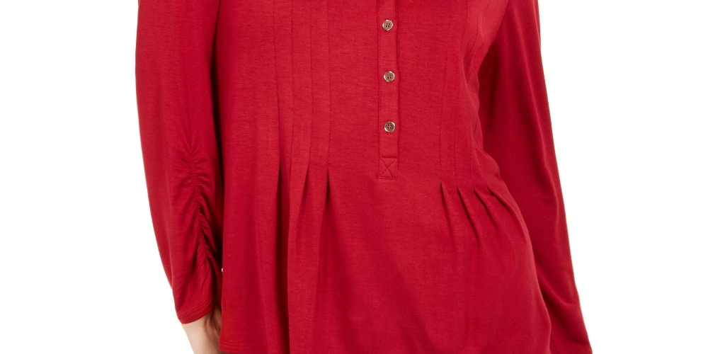 NY Collection Women's Petite Lace-Yoke Knit Top Red Size Medium