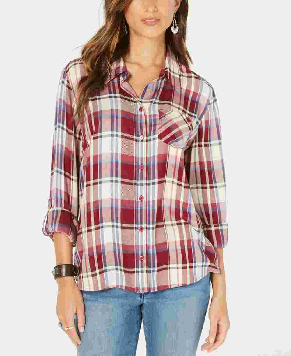 Style & Co Women's Plaid One Pocket Shirt Red Size Small