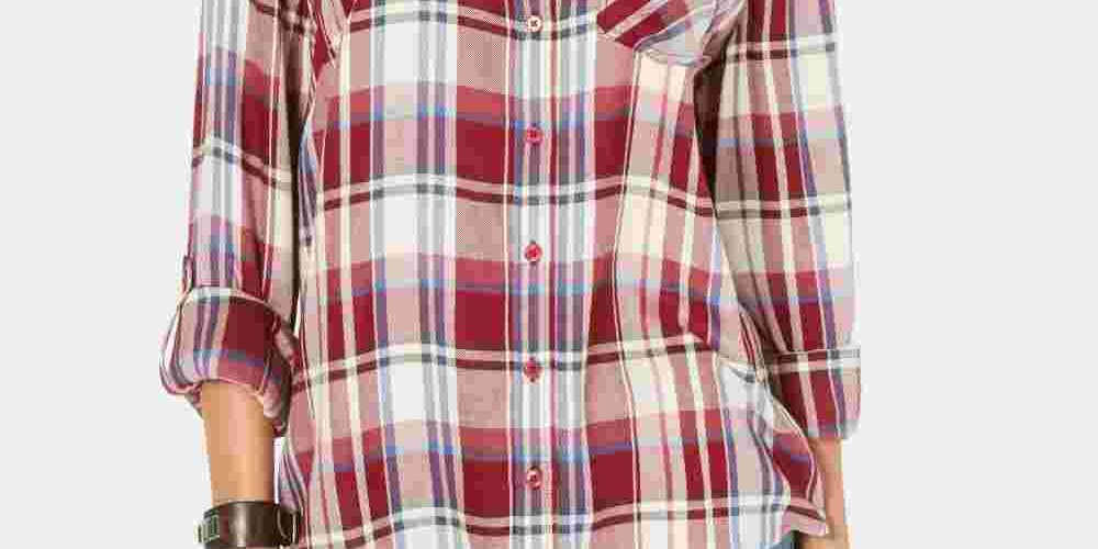 Style & Co Women's Plaid One Pocket Shirt Red Size Small