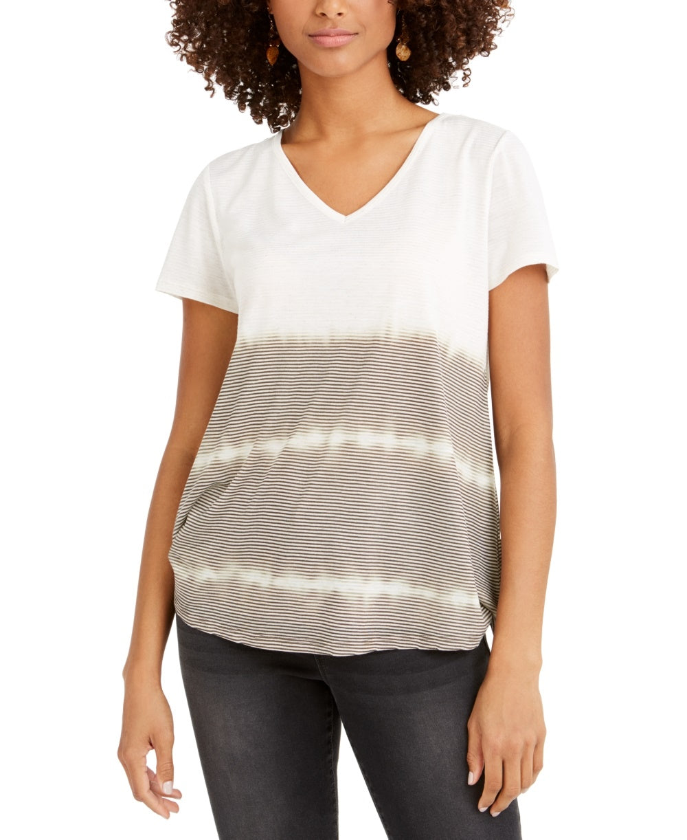 Style & Co Women's Tie Dyed V Neck Linen Blend Top White Size Large