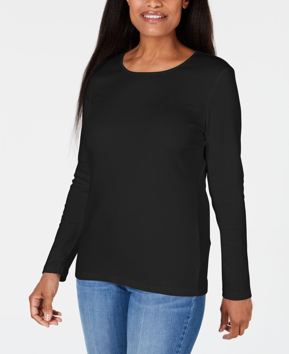 Karen Scott Women's Satin Trim Scoop Neck Top Black Size Small