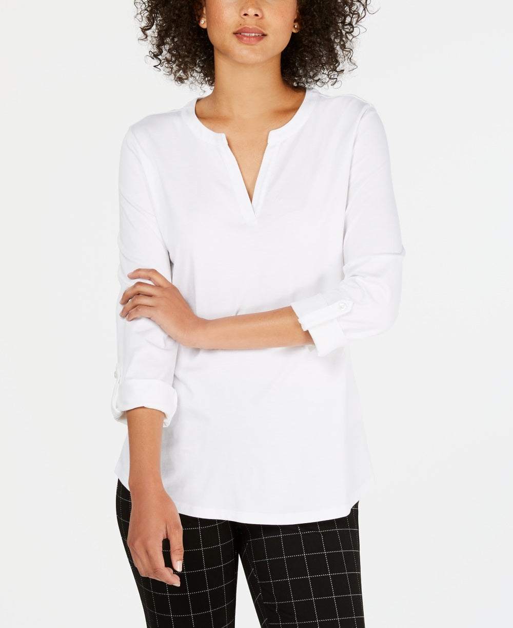 Charter Club Women's Supima Cotton Split Neck Top White Size PL