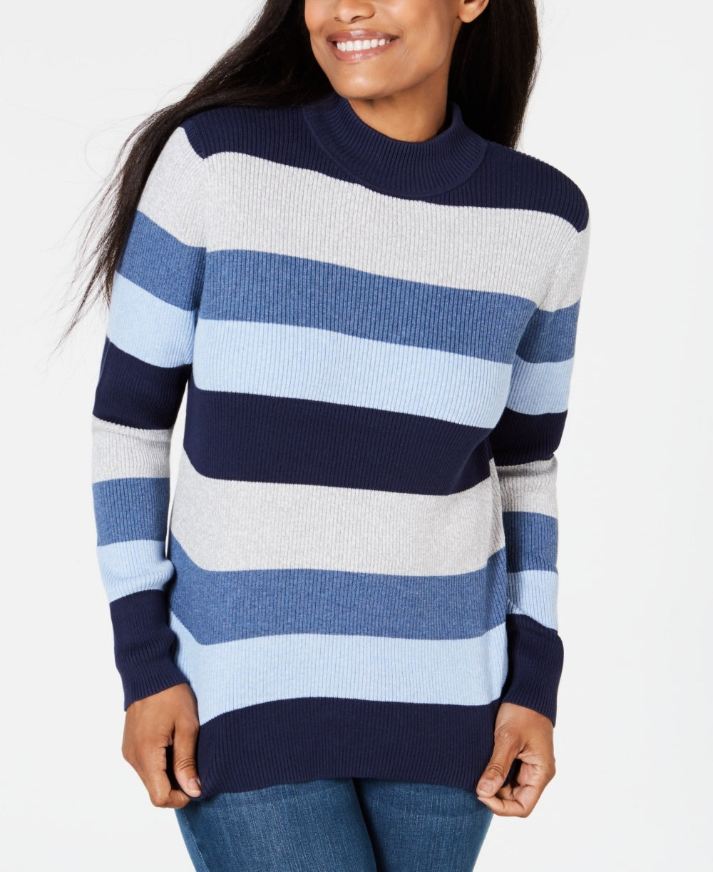 Karen Scott Women's Ribbed Mock Neck Cotton Sweater Blue Size Small