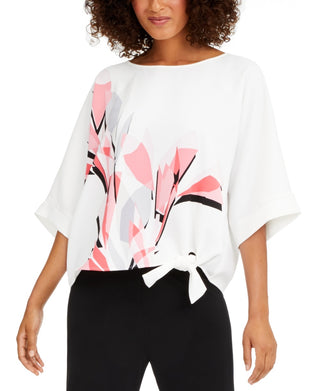 Alfani Women's Printed Side Tie Top White Size PM