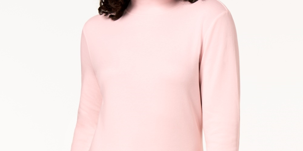Karen Scott Women's Petite Long-Sleeve Mock-Neck Cotton Top Pink Size PM