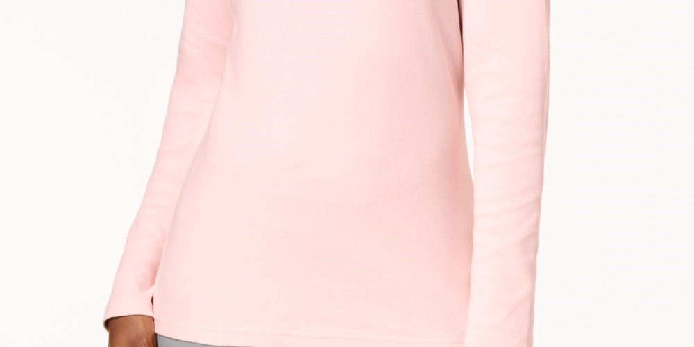 Karen Scott Women's Petite Long-Sleeve Mock-Neck Cotton Top Pink Size PM