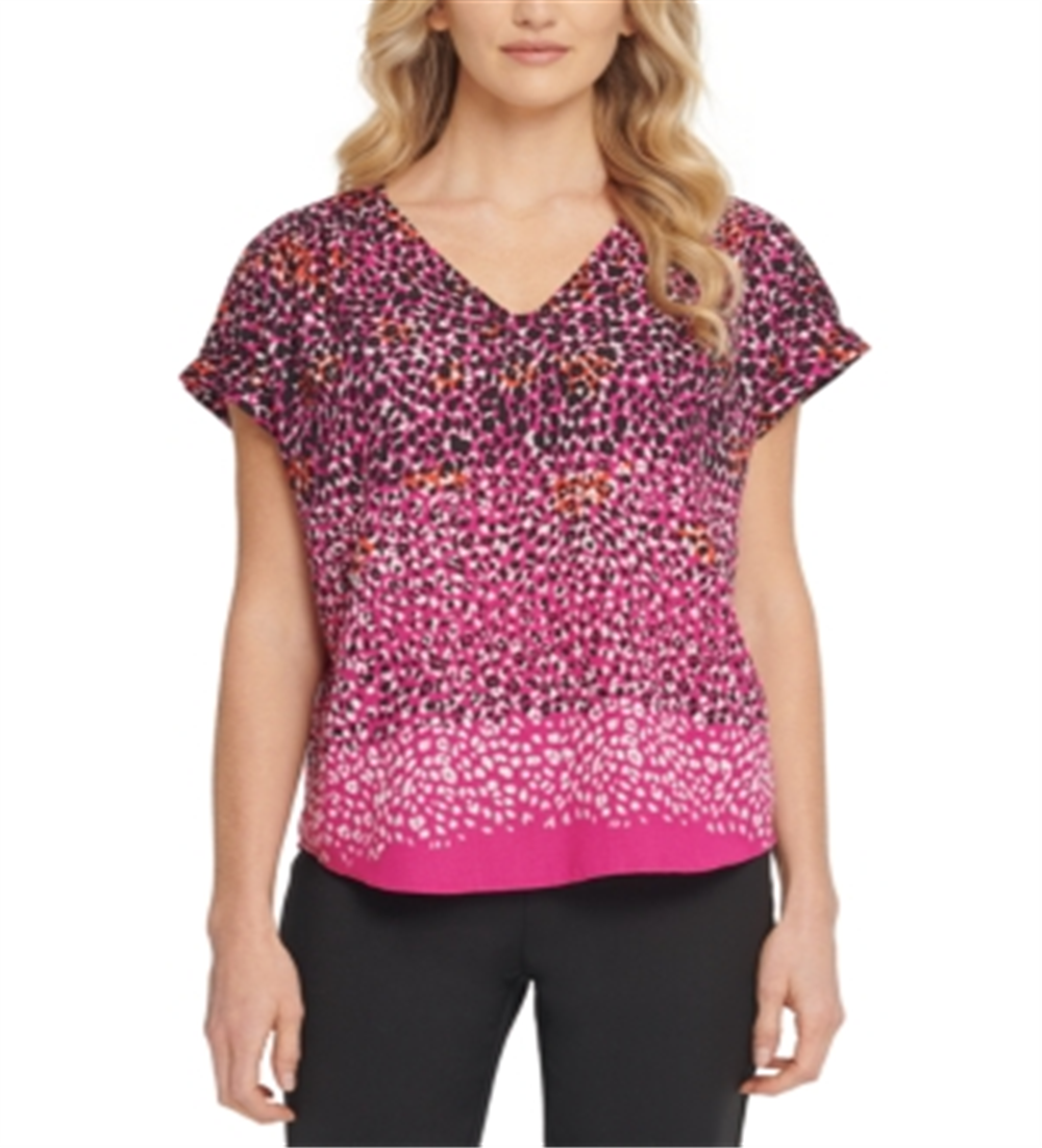 DKNY Women's V Neck Animal Print Blouse Pink Size S