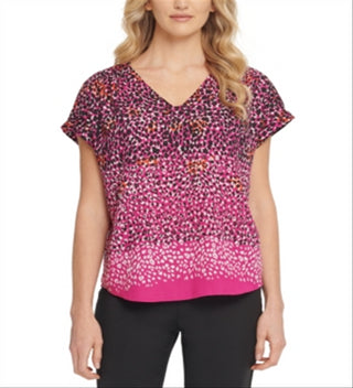 DKNY Women's V Neck Animal Print Blouse Pink Size S