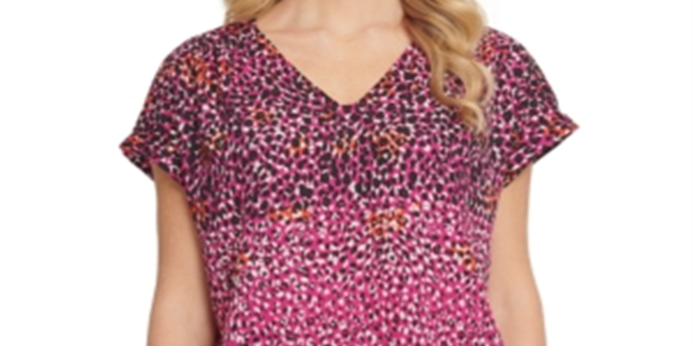 DKNY Women's V Neck Animal Print Blouse Pink Size S