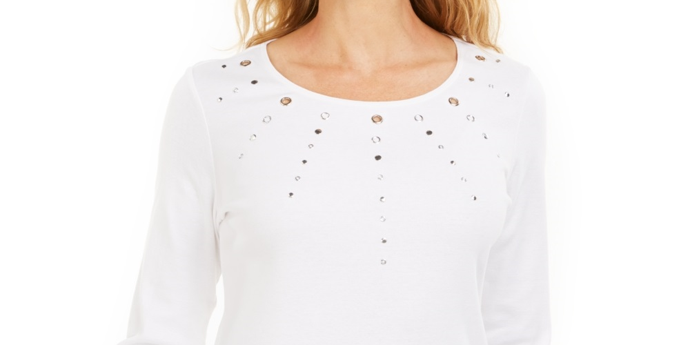 Karen Scott Women's Cotton Grommet Embellished Top White Size Small