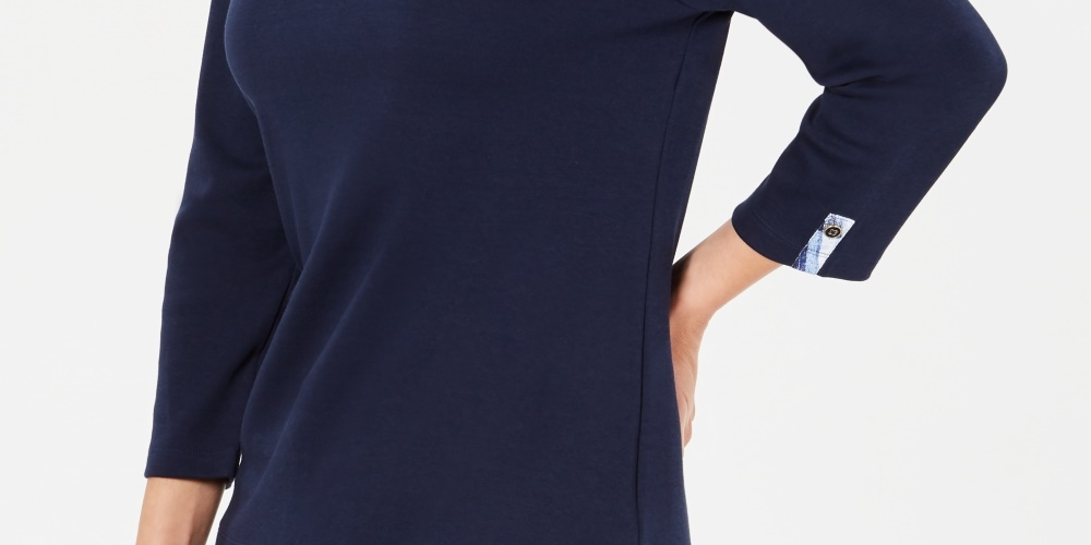 Karen Scott Women's Petite Printed-Trim Top Navy Size Petite