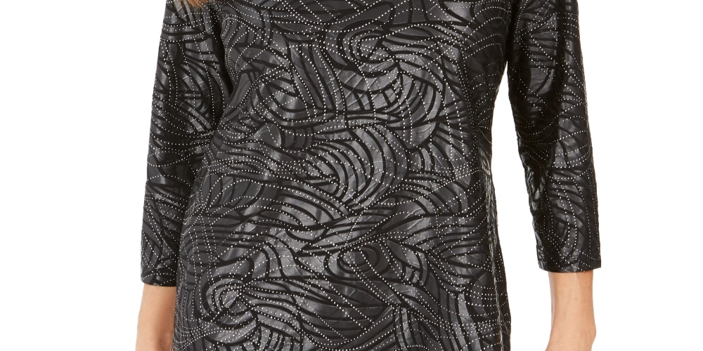 JM Collection Women's Printed Metallic Jacquard Top Black Size Petite Medium