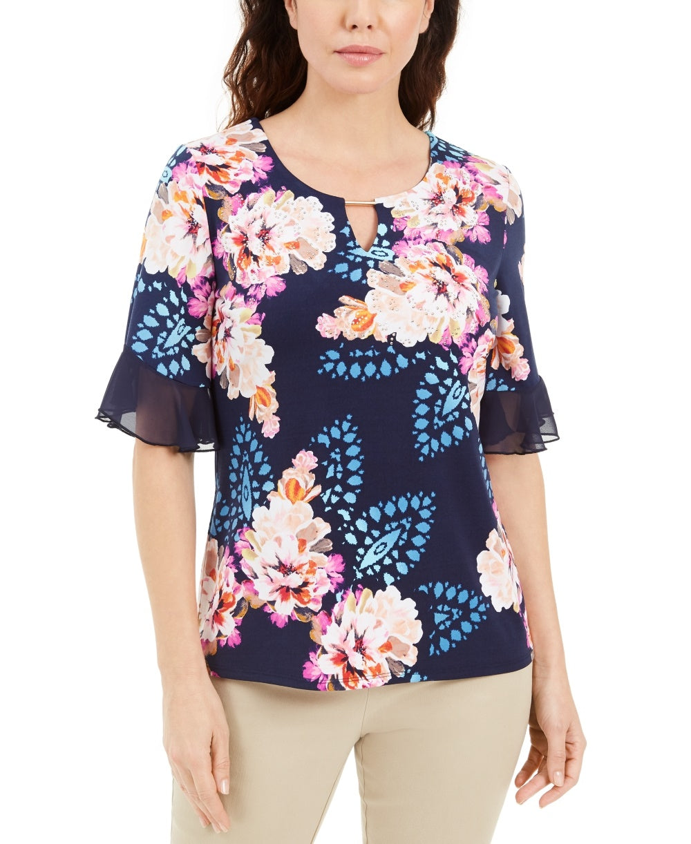 JM Collection Women's Liza Floral-Print Keyhole Top Blue Size Small