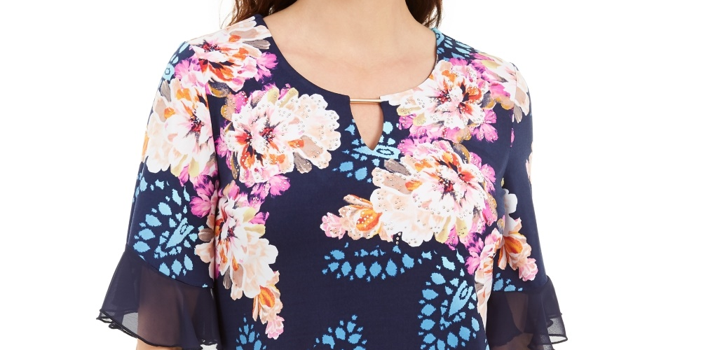 JM Collection Women's Liza Floral-Print Keyhole Top Blue Size Small