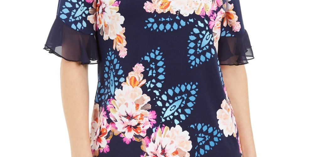 JM Collection Women's Liza Floral-Print Keyhole Top Blue Size Small