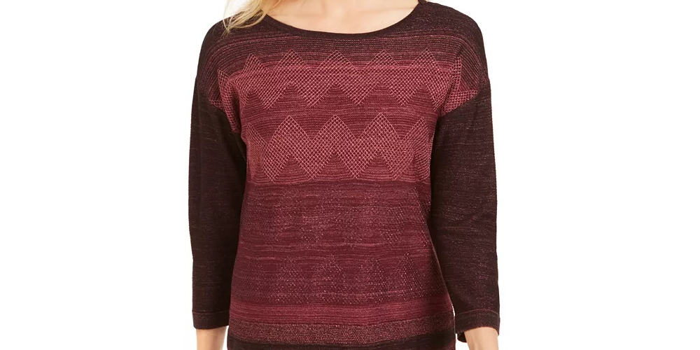 JM Collection Women's Metallic-Stitched Drop-Shoulder Sweater Purple Size XL