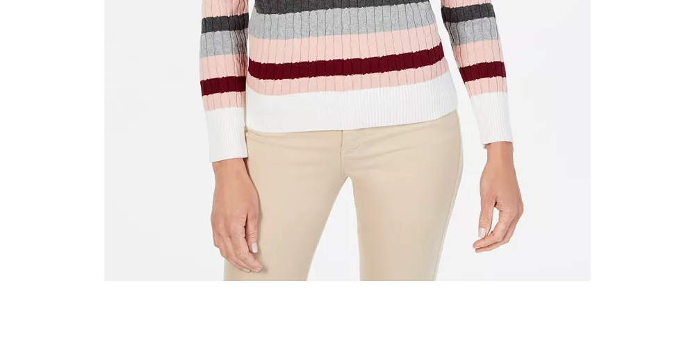 Karen Scott Women'sHolly Striped Cotton Cable Sweater Brown Size Small