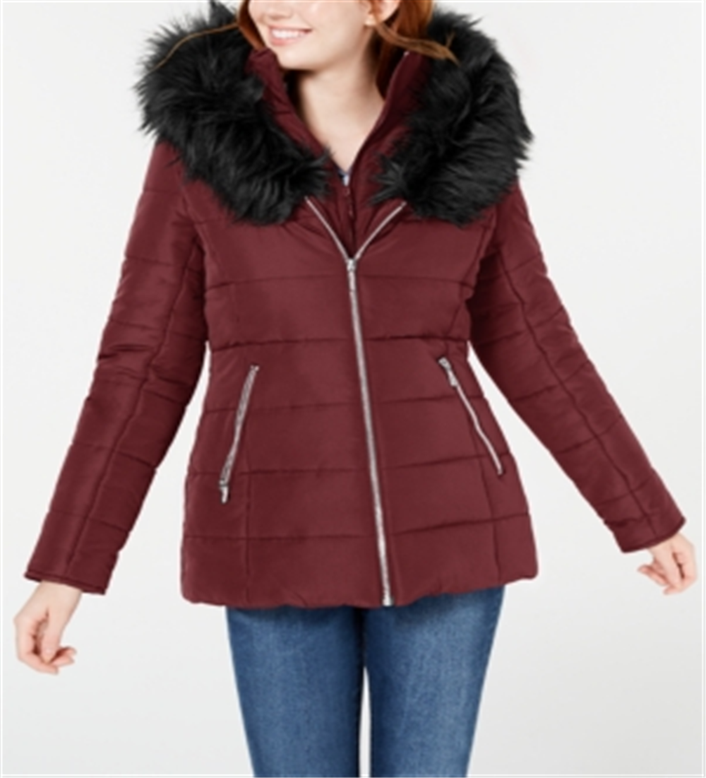 Maralyn & Me Junior's Hooded Faux Fur Trim Puffer Coat Brown Size XL