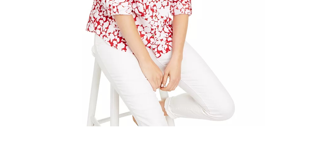 Charter Club Women's Printed Roll Sleeve Linen Blend Top Red Size Medium