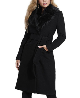 GUESS Women's Maria Faux Fur Collar Walker Coat Black Size M