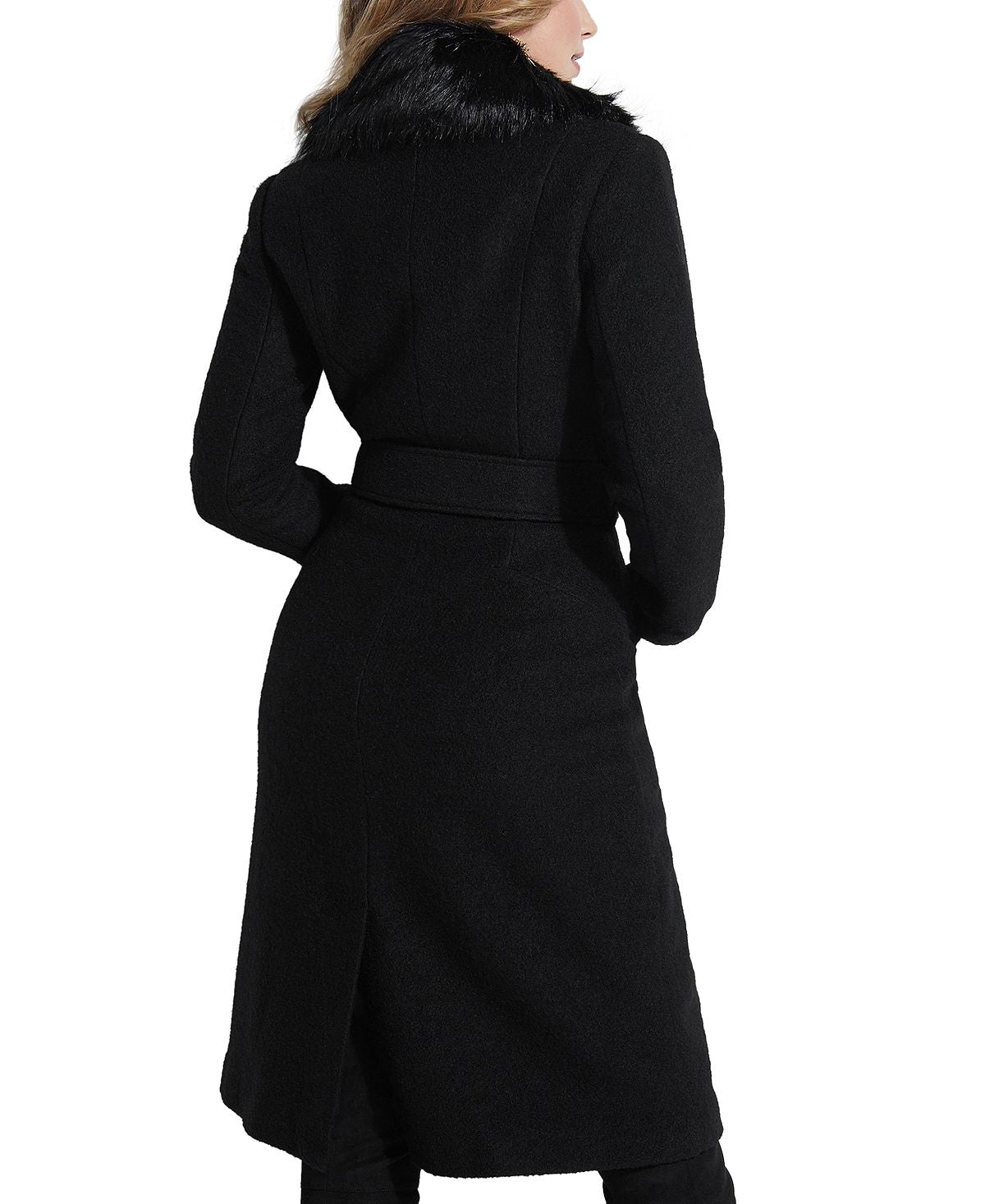 GUESS Women's Maria Faux Fur Collar Walker Coat Black Size M