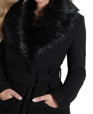 GUESS Women's Maria Faux Fur Collar Walker Coat Black Size M