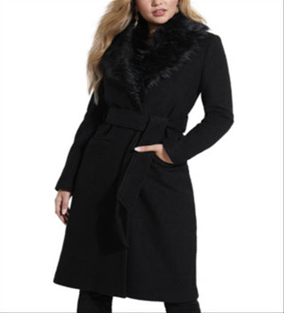 GUESS Women's Maria Faux Fur Collar Walker Coat Black Size M